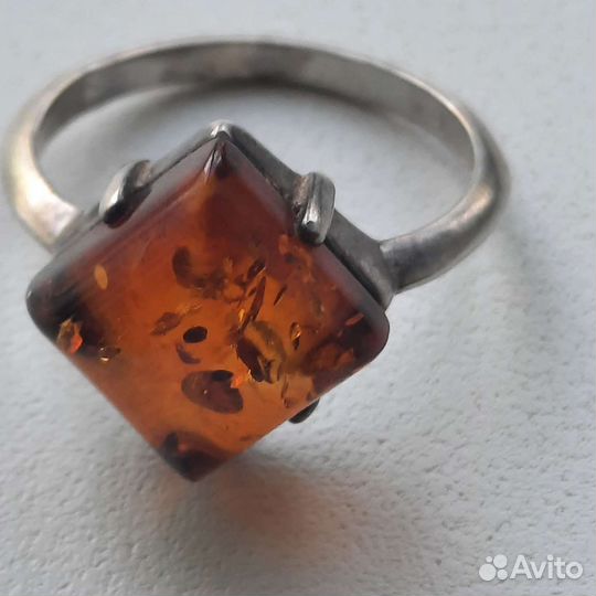 Кольцо серебро СССР, янтарь 925