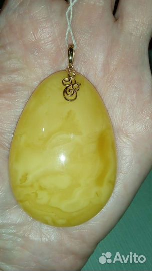 Кулон янтарь желток, пейзаж, золото 585, новый