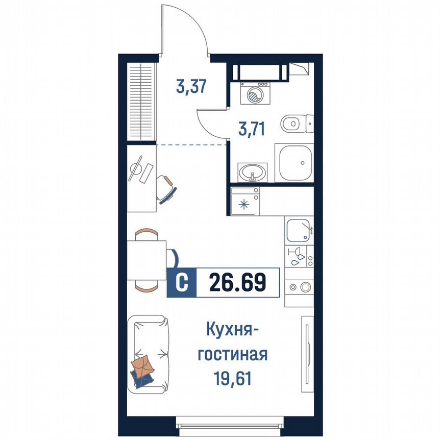 Квартира-студия, 26,7 м², 14/18 эт.