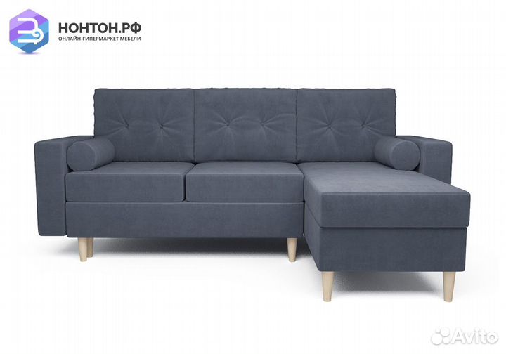 Угловой диван тик-так Белфаст велюр серо-синий