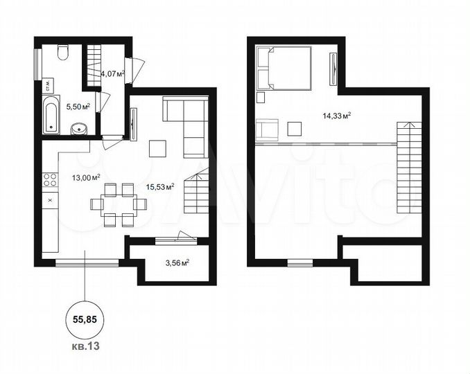 2-к. квартира, 56,4 м², 4/4 эт.