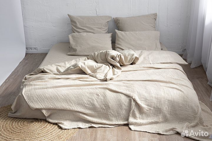 Муслиновый плед покрывало их хлопка бежевый