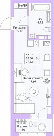 Квартира-студия, 27,5 м², 19/25 эт.