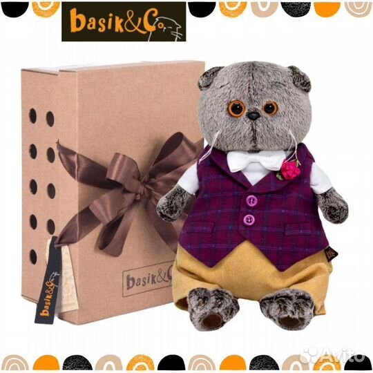 Кот Басик 30 см в бордовом жилете с розой