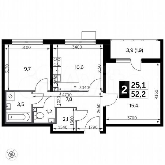2-к. квартира, 52,2 м², 5/20 эт.