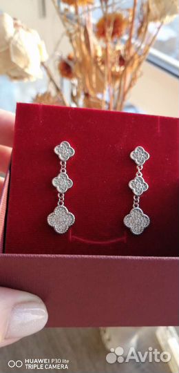 Серьги серебряные, стиль Van Cleef, клевер