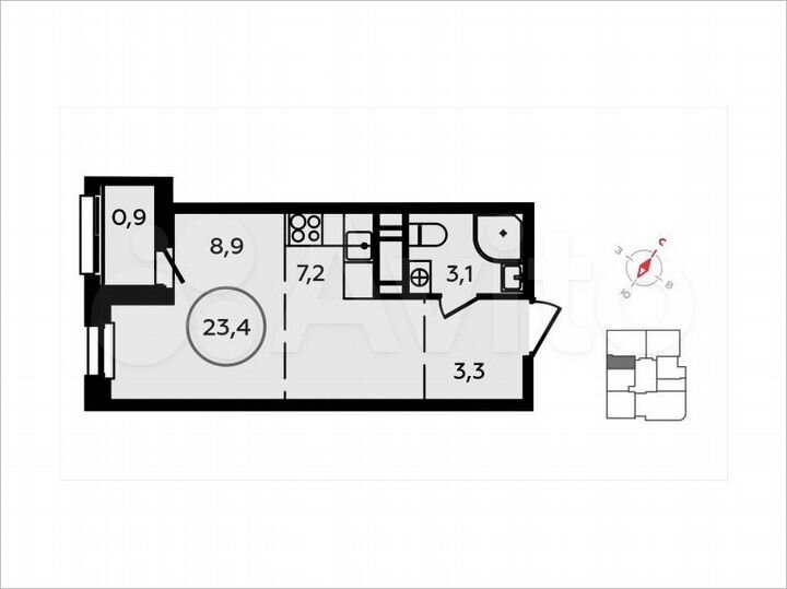 Квартира-студия, 23,4 м², 13/16 эт.