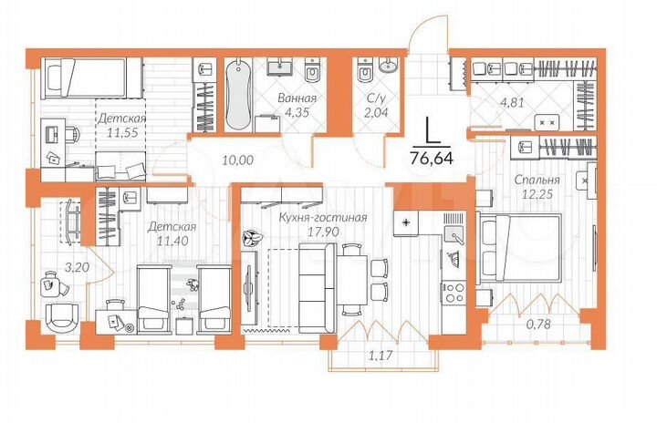 3-к. квартира, 76,3 м², 13/25 эт.