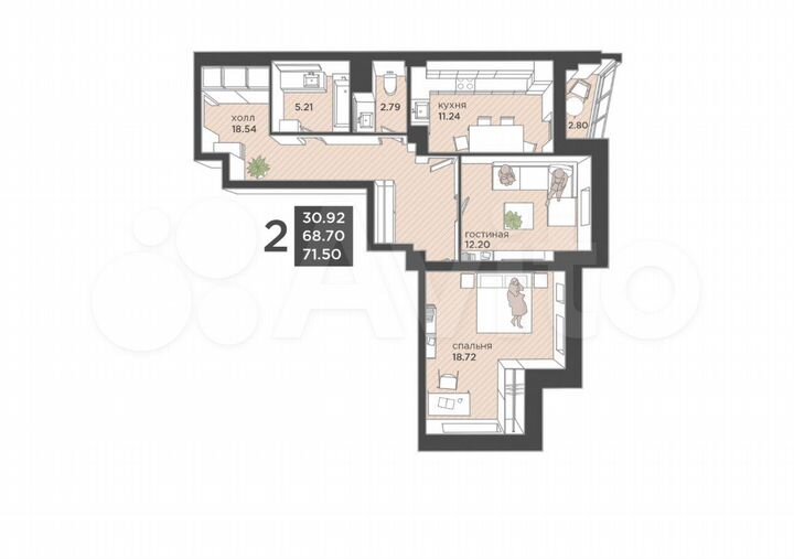 2-к. квартира, 71,5 м², 12/25 эт.