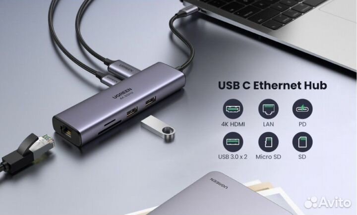Переходник Ugreen Type C Ethernet hdmi usb 3.0