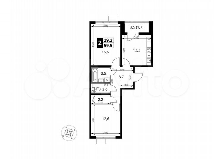 2-к. квартира, 59,5 м², 22/25 эт.