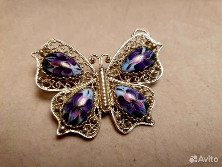 Брошь финифть, серебрение, эмаль