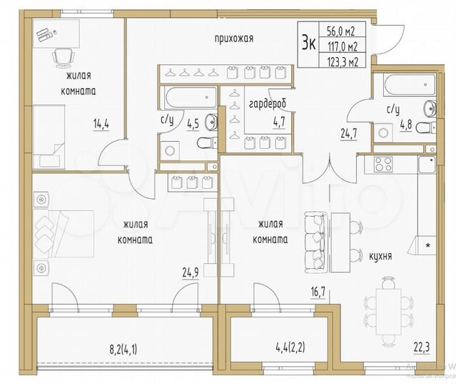 3-к. квартира, 123,3 м², 5/6 эт.