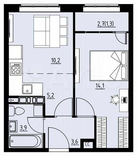 2-к. квартира, 38,3 м², 1/4 эт.