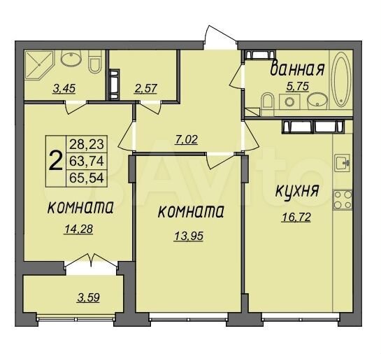 2-к. квартира, 65,6 м², 5/9 эт.