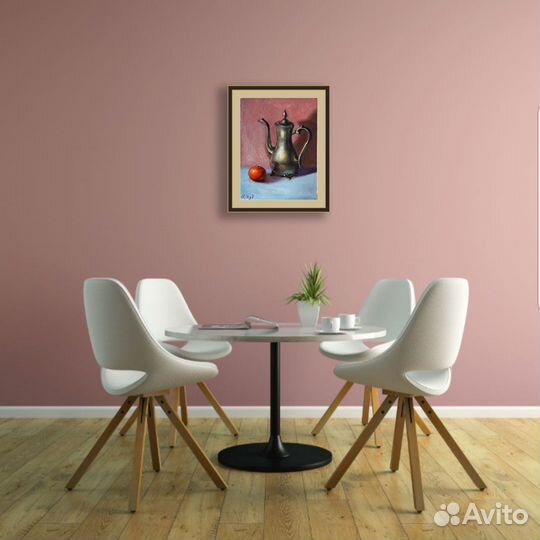 Картина маслом натюрморт Кофейник и мандарин