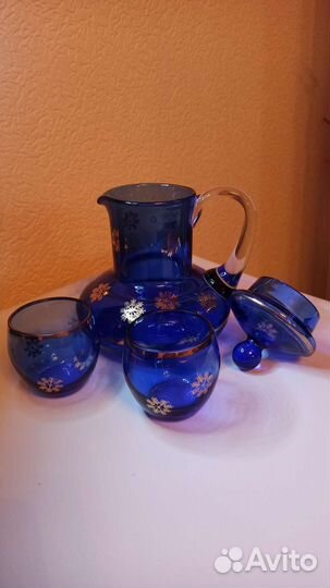 Кувшин-Графин + 2 стакана кобальтовое стекло СССР