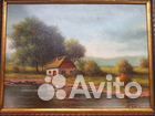 Антикварная картина пейзаж домик холст масло подпи