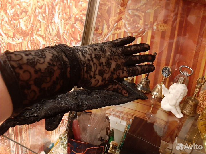 Перчатки длинные стильные кружево, кожа