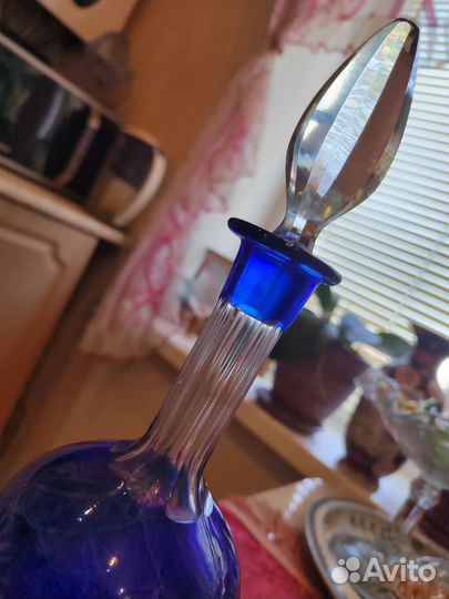 Винтажный Графин-штоф цветной синий хрусталь СССР