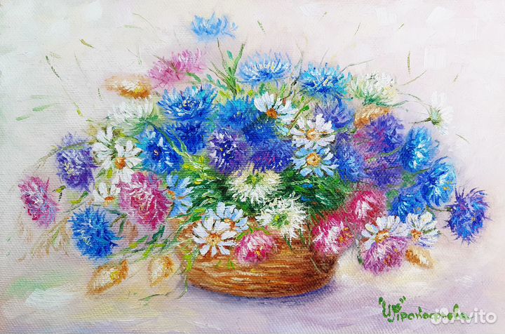Картина с васильками, ромашками Букет в корзине