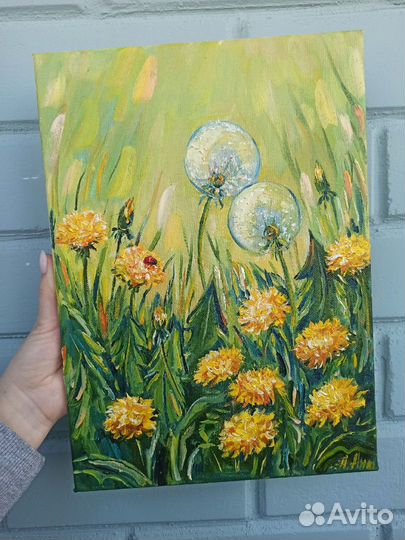 Одуванчики картина полевые цветы маслом 25х35см