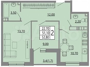2-к. квартира, 52,8 м², 5/9 эт.