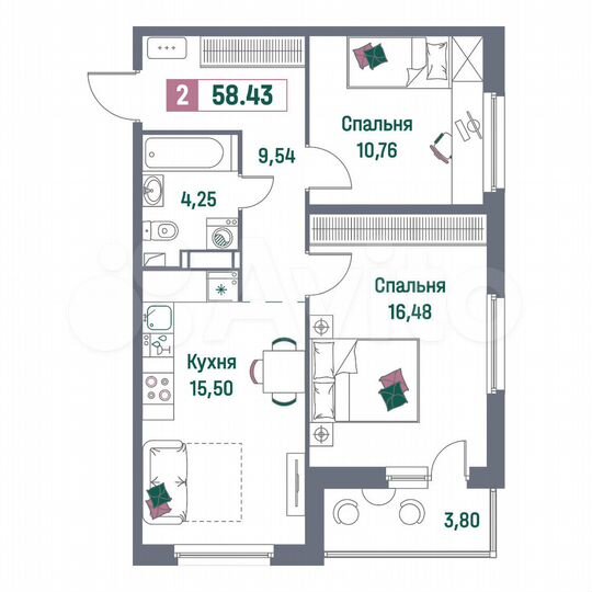 2-к. квартира, 58,4 м², 9/16 эт.