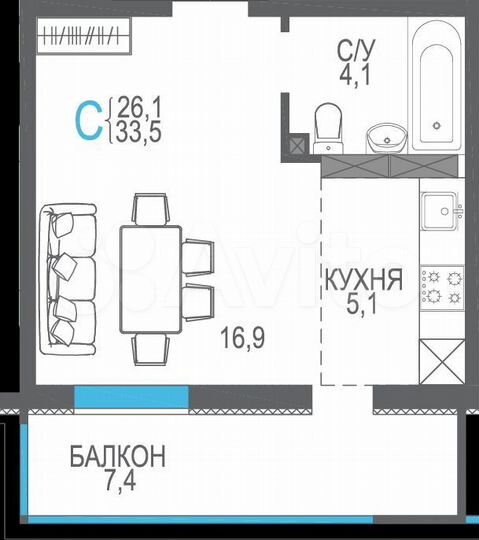 1-к. квартира, 33,5 м², 9/9 эт.