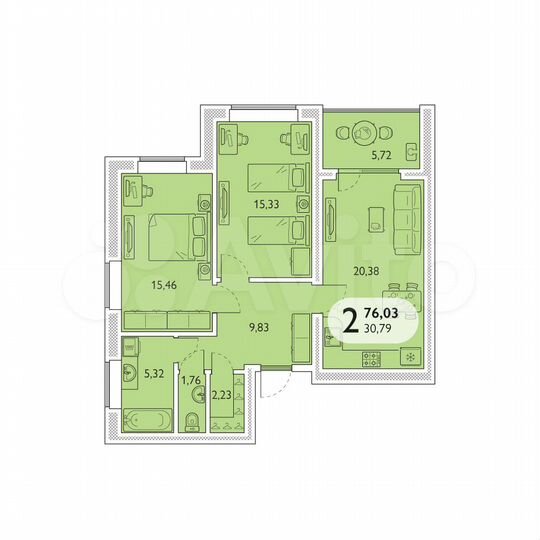 2-к. квартира, 76 м², 2/5 эт.