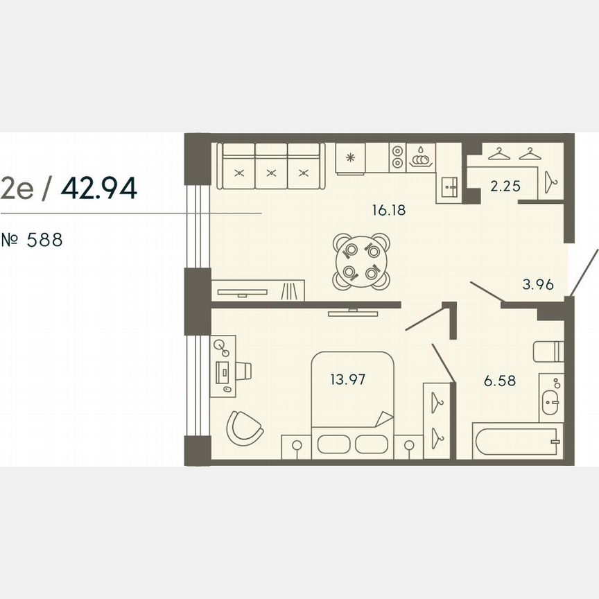 1-к. апартаменты, 42,9 м², 2/8 эт.