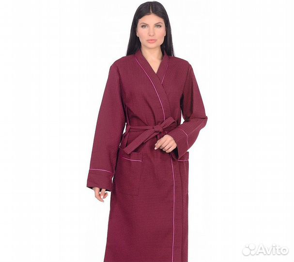 Халат вафельный Home One с кантом бордо 52