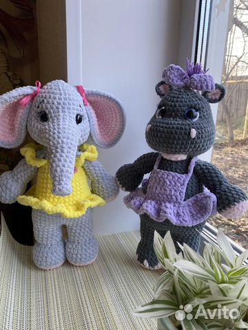 Слон и бегемот игрушки плюшевые