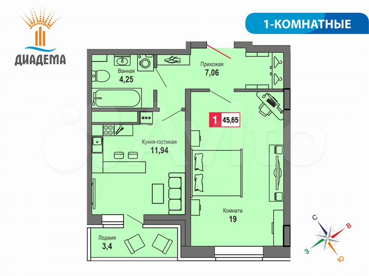 1-к. квартира, 45,7 м², 9/22 эт.