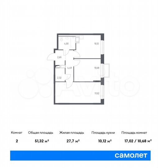 2-к. квартира, 51,3 м², 4/17 эт.