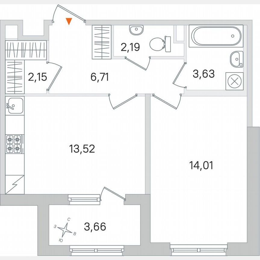 1-к. квартира, 44 м², 1/4 эт.