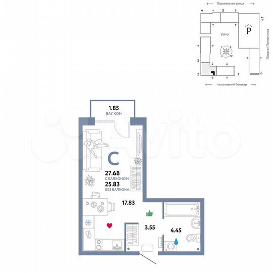 Квартира-студия, 27,7 м², 9/25 эт.