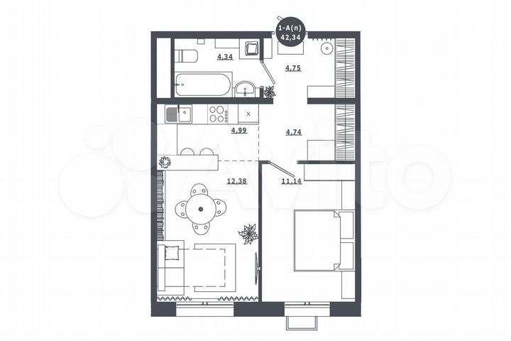 1-к. квартира, 42,3 м², 6/16 эт.