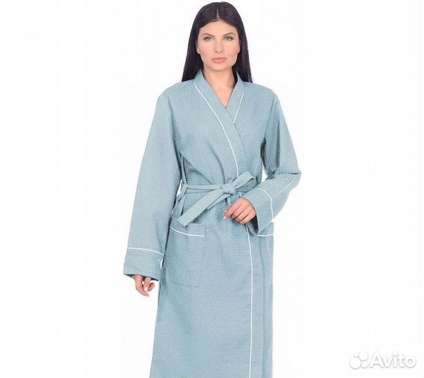 Халат вафельный Home One с кантом голубой 42