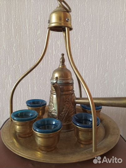Турка+поднос+6 чашек латунь бронза антикварная
