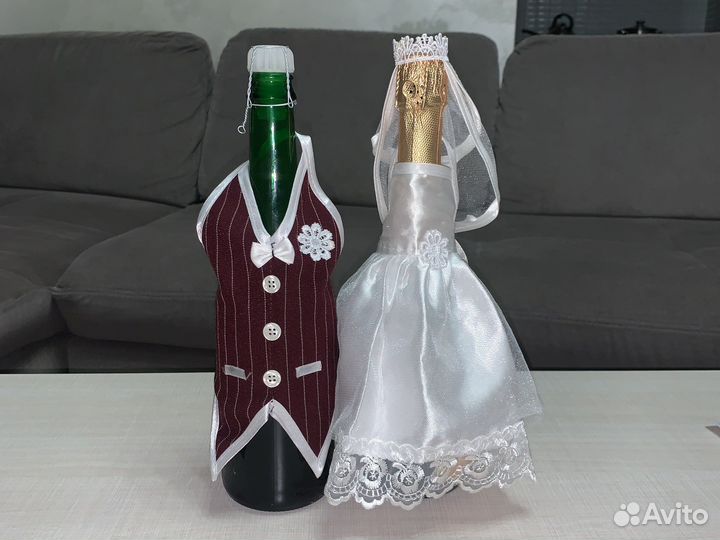 Свадебное оформление бутылок для шампанского