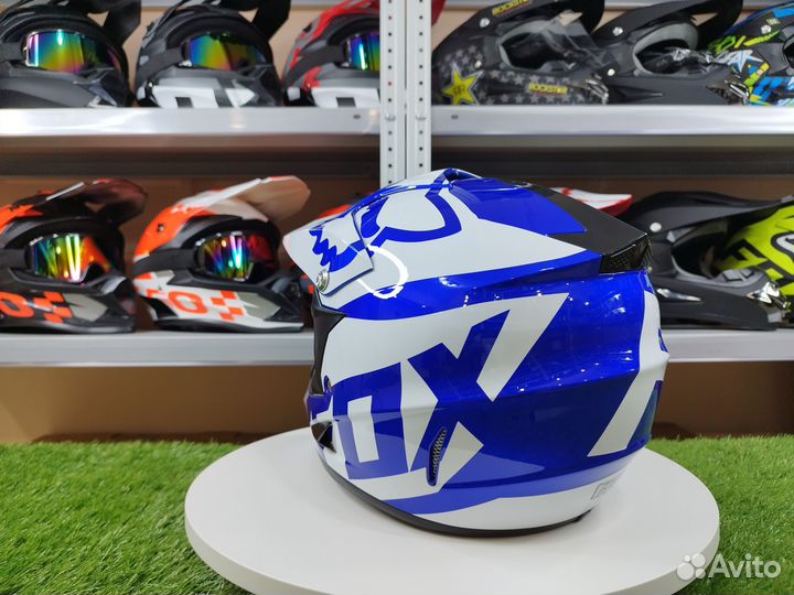 Шлем для мотоцикла-кроссовый FOX. Белый с синим