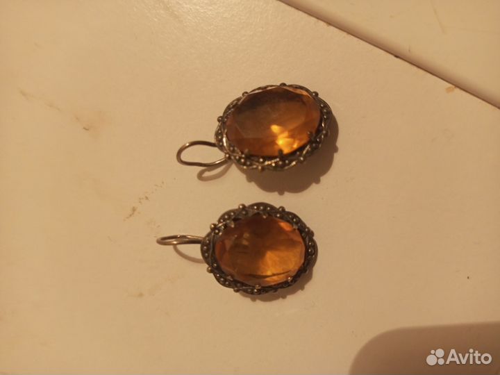 Серьги серебро СССР янтарь 875