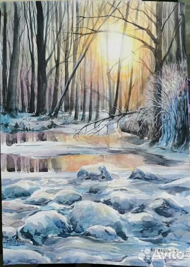 Картина зимний пейзаж акварель