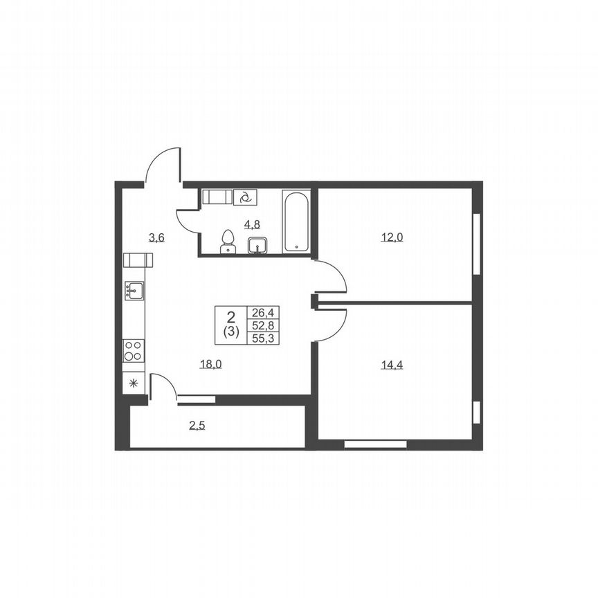 2-к. квартира, 55,3 м², 5/8 эт.