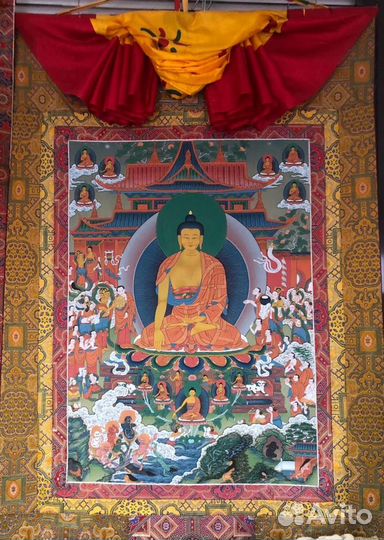 Тибетская Тханка Чудеса Будды Шакьямуни рисованная