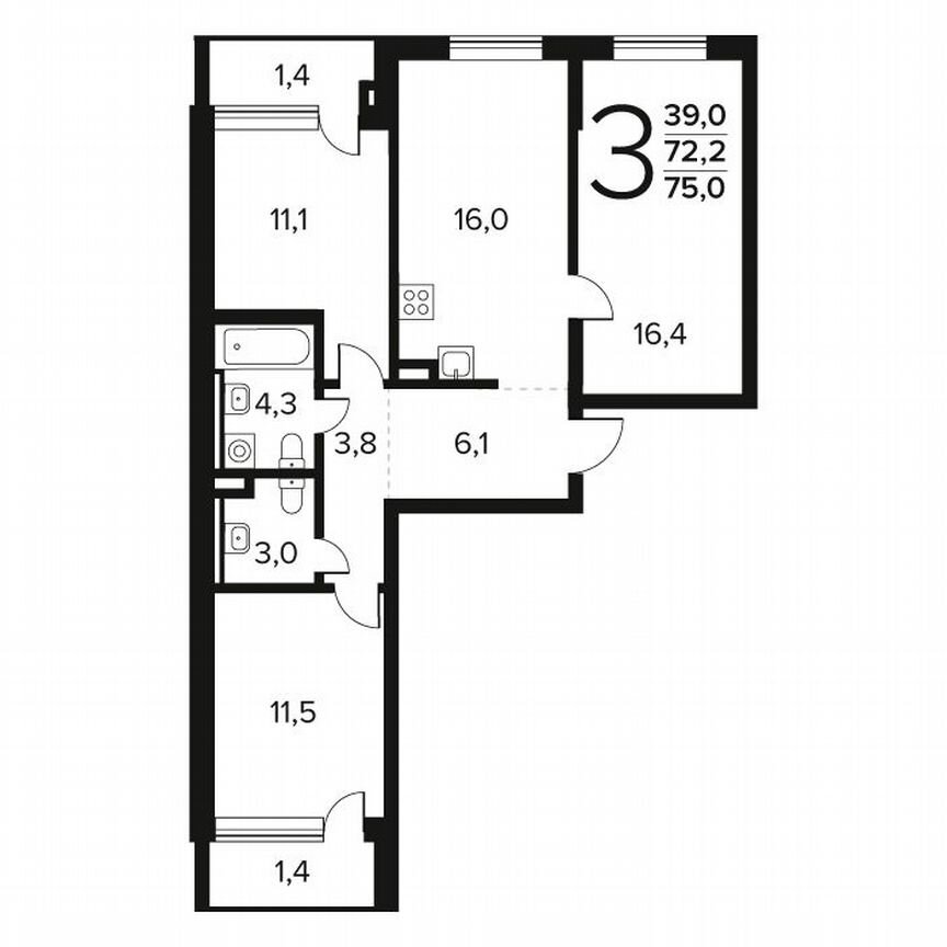 3-к. квартира, 75 м², 2/11 эт.