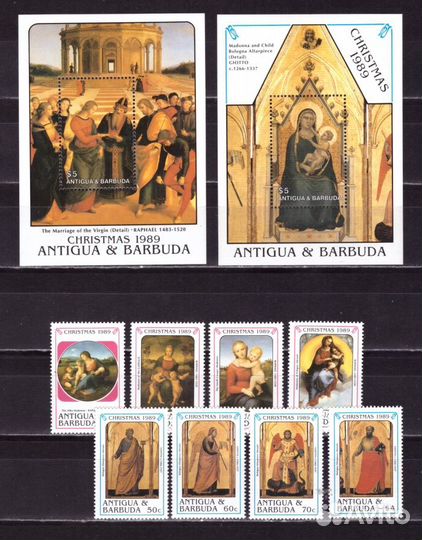 Антигуа и Барбуда, 1989. Живопись, Рафаэль, Джотто (серия+2 блока)