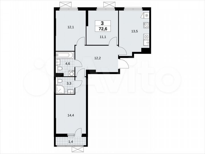 3-к. квартира, 72,6 м², 6/19 эт.