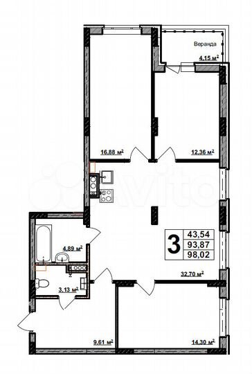 3-к. квартира, 98 м², 2/8 эт.
